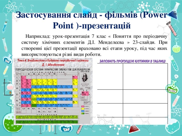 Застосування слайд - фільмів (Power Point )-презентацій  Наприклад: урок-презентація 7 клас « Поняття про періодичну систему хімічних елементів Д.І. Менделєєва » 23-слайди. При створенні цієї презентації враховано всі етапи уроку, під час яких використовуються різні види роботи.