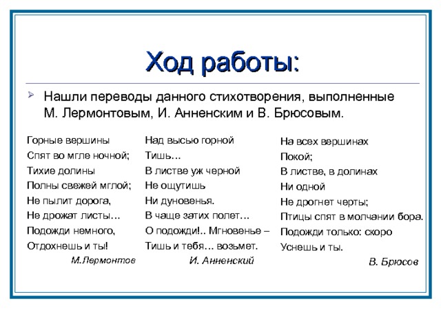 Ход работы: Нашли переводы данного стихотворения, выполненные М. Лермонтовым, И. Анненским и В. Брюсовым. Горные вершины Спят во мгле ночной; Тихие долины Полны свежей мглой; Не пылит дорога, Не дрожат листы… Подожди немного, Отдохнешь и ты! Над высью горной Тишь… В листве уж черной Не ощутишь Ни дуновенья. В чаще затих полет… О подожди!.. Мгновенье – Тишь и тебя… возьмет.  И. Анненский  М.Лермонтов  М.Лермонтов На всех вершинах Покой; В листве, в долинах Ни одной Не дрогнет черты; Птицы спят в молчании бора. Подожди только: скоро Уснешь и ты.   В. Брюсов 