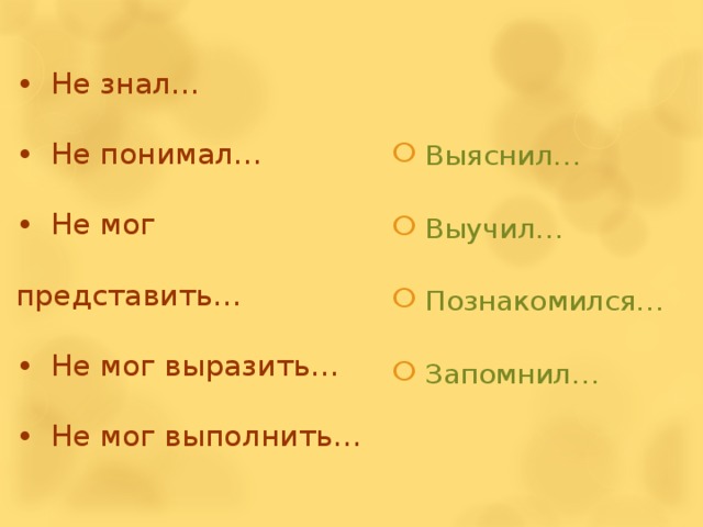 •  Не знал…  •  Не понимал…  •  Не мог представить…  •  Не мог выразить…  •  Не мог выполнить…