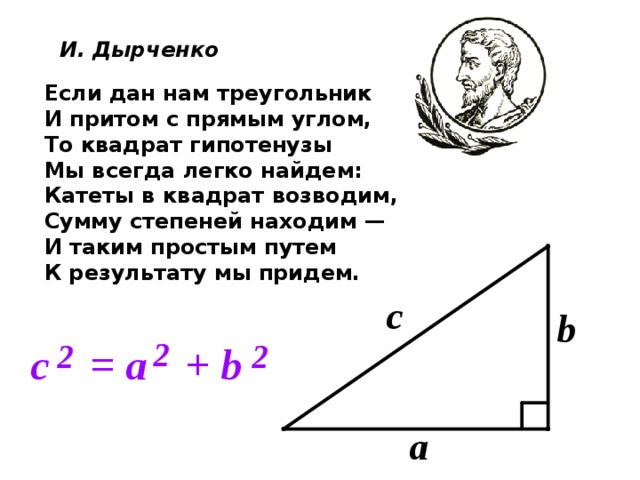 И. Дырченко Если дан нам треугольник И притом с прямым углом, То квадрат гипотенузы Мы всегда легко найдем: Катеты в квадрат возводим, Сумму степеней находим — И таким простым путем К результату мы придем.