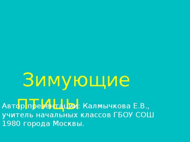 Зимующие птицы Автор презентации: Калмычкова Е.В., учитель начальных классов ГБОУ СОШ 1980 города Москвы.