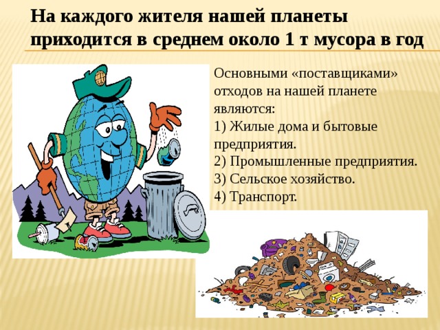На каждого жителя нашей планеты приходится в среднем около 1 т мусора в год Основными «поставщиками» отходов на нашей планете являются: 1) Жилые дома и бытовые предприятия. 2) Промышленные предприятия. 3) Сельское хозяйство. 4) Транспорт.