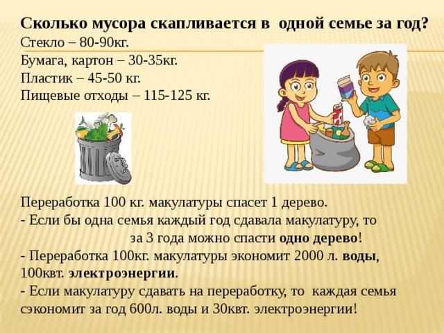 Сколько мусора скапливается в одной семье за год? Стекло – 80-90кг. Бумага, картон – 30-35кг. Пластик – 45-50 кг. Пищевые отходы – 115-125 кг. Переработка 100 кг. макулатуры спасет 1 дерево. - Если бы одна семья каждый год сдавала макулатуру, то за 3 года можно спасти одно дерево ! - Переработка 100кг. макулатуры экономит 2000 л. воды , 100квт. электроэнергии . - Если макулатуру сдавать на переработку, то каждая семья сэкономит за год 600л. воды и 30квт. электроэнергии!