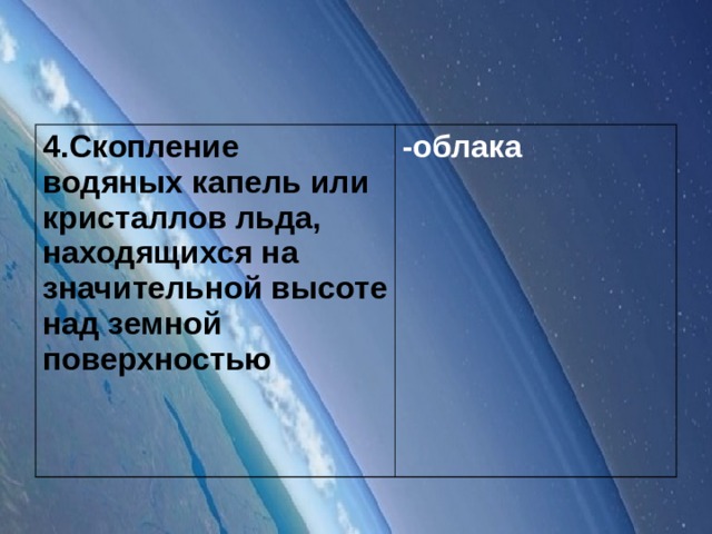 4.Скопление водяных капель или кристаллов льда, находящихся на значительной высоте над земной поверхностью -облака