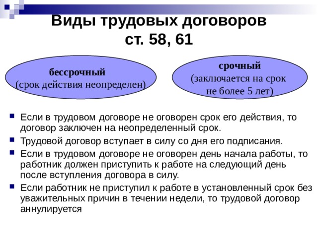 Виды трудовых договоров  ст. 58, 61 бессрочный  (срок действия неопределен) срочный (заключается на срок не более 5 лет)