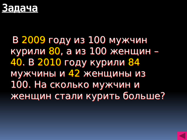 Задача  В 2009 году из 100 мужчин курили 80 , а из 100 женщин – 40 . В 2010 году курили 84 мужчины и 42 женщины из 100. На сколько мужчин и женщин стали курить больше?