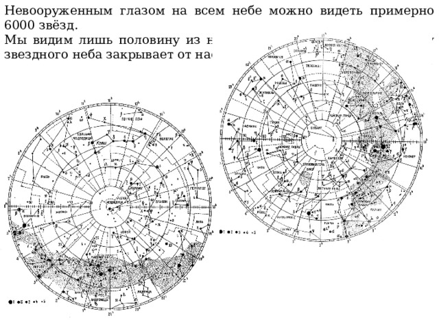 Невооруженным глазом на всем небе можно видеть примерно 6000 звёзд. Мы видим лишь половину из них, потому что другую половину звездного неба закрывает от нас Земля.