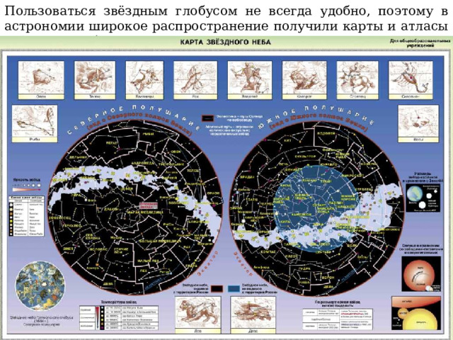 Пользоваться звёздным глобусом не всегда удобно, поэтому в астрономии широкое распространение получили карты и атласы звёздного неба.